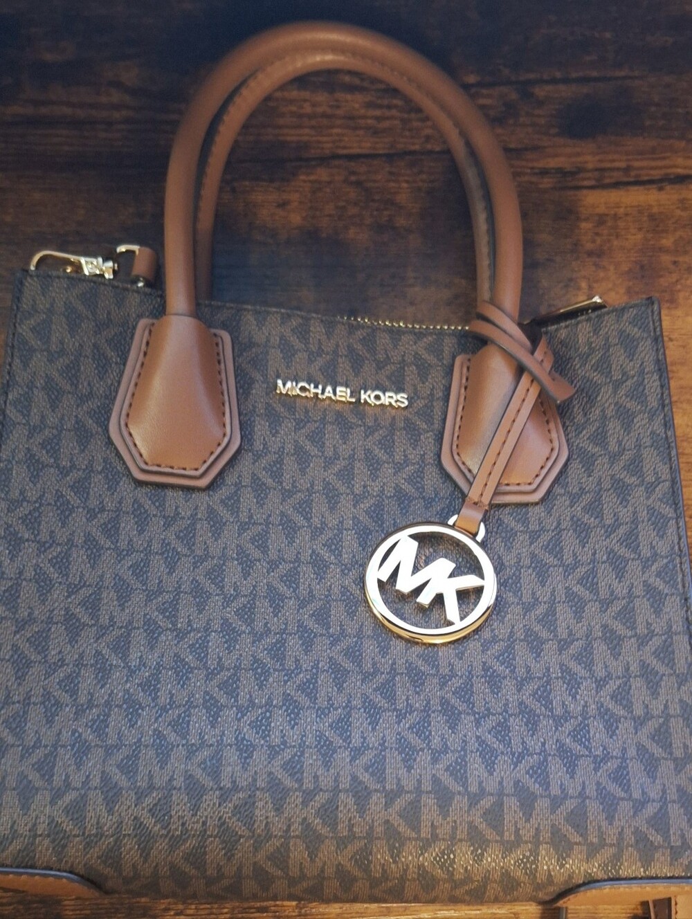 Michael Kors Brown and Dark Blue MK Logo Tote